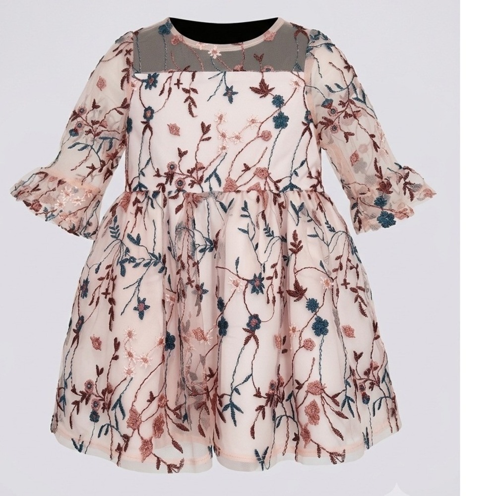 Pippa & Julie Girls Floral Embroidered Mesh Bell Sleeve Party Dress 12M Pink